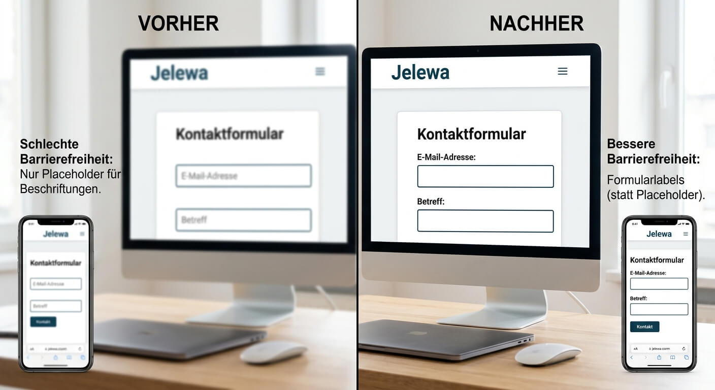 Vergleich eines nicht barrierefreien Formulars mit Platzhaltern (links) und eines BFSG-konformen Formulars mit sichtbaren Labels über den Eingabefeldern (rechts).